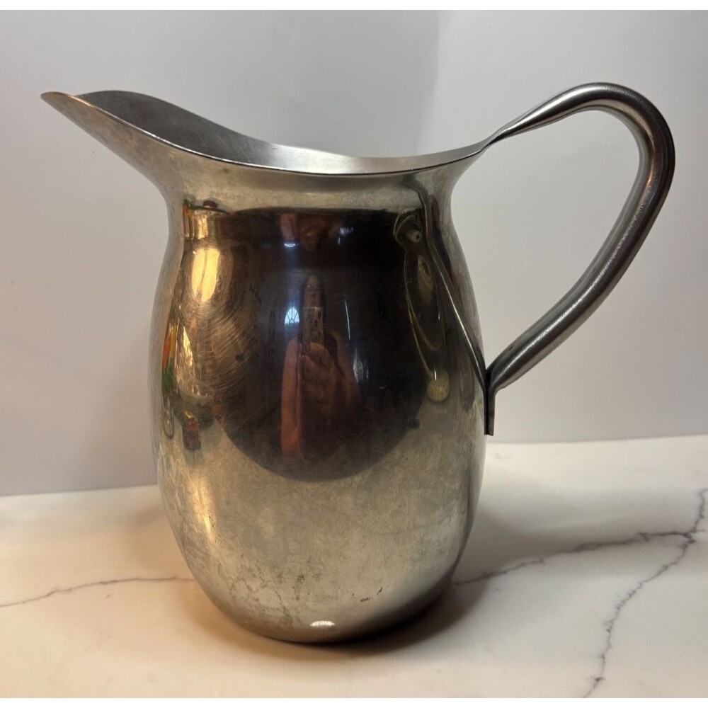 Vintage US Bico 1964 Water Pitcher Silver Stainless Steel Handle Wide Spout 7x5"